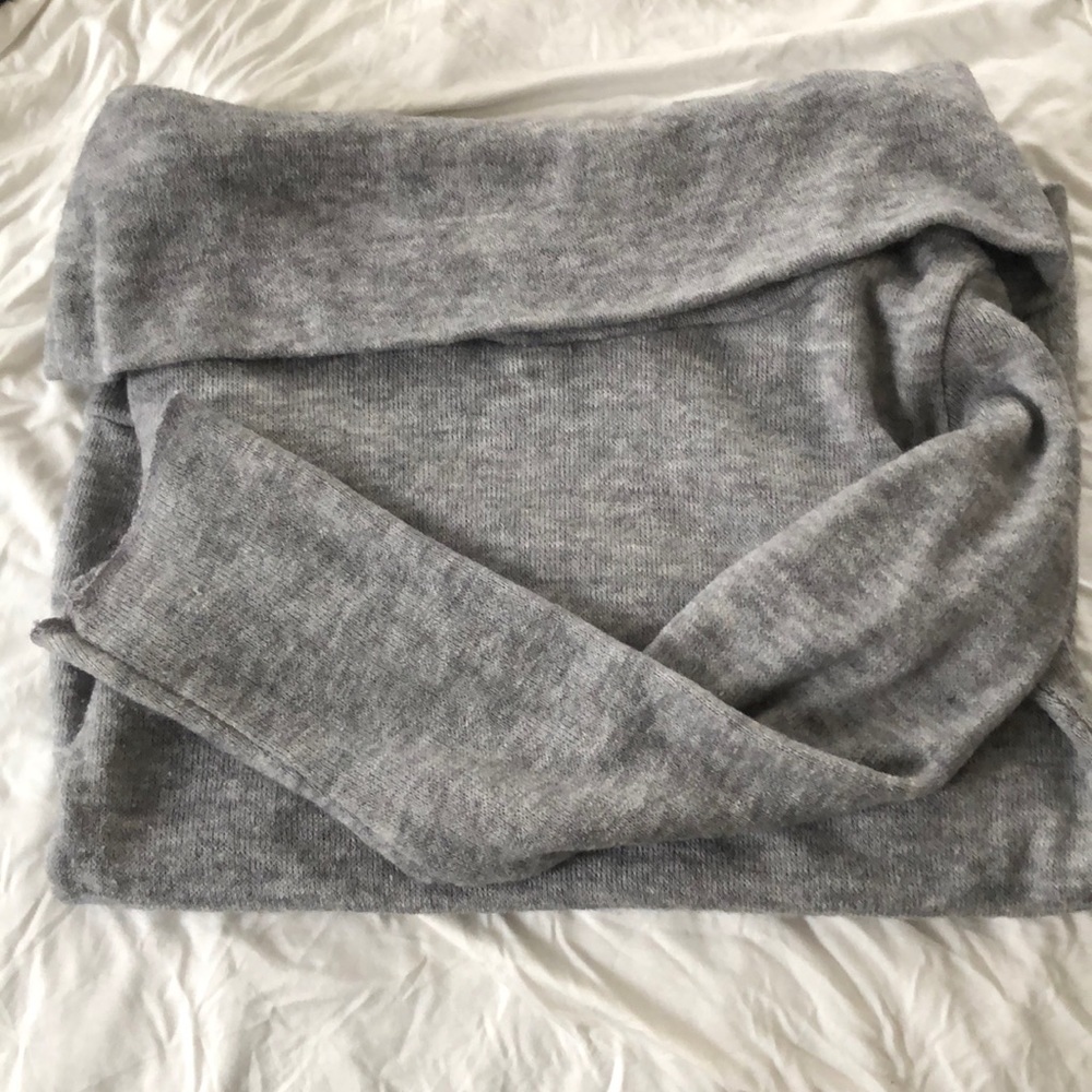 Off the shoulder grey cowled sweater